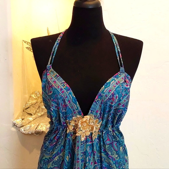 BOHEMIAN GODDESS Silk Turquoise Blue Floral Maxi Dress - Picture 3 of 6
